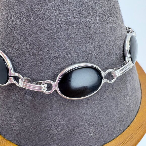 VTG Sterling Silver 925 Black Onyx Bezel Set Station Bracelet Size 7.75" Length - Picture 2 of 10